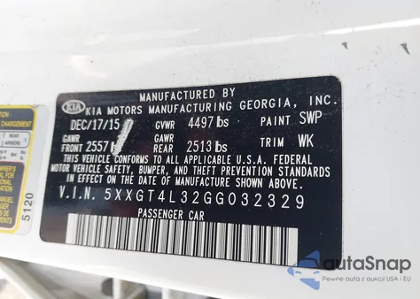 2016 Kia Optima Lx z USA, uszkodzony, nr VIN 5XXGT4L32GG032329